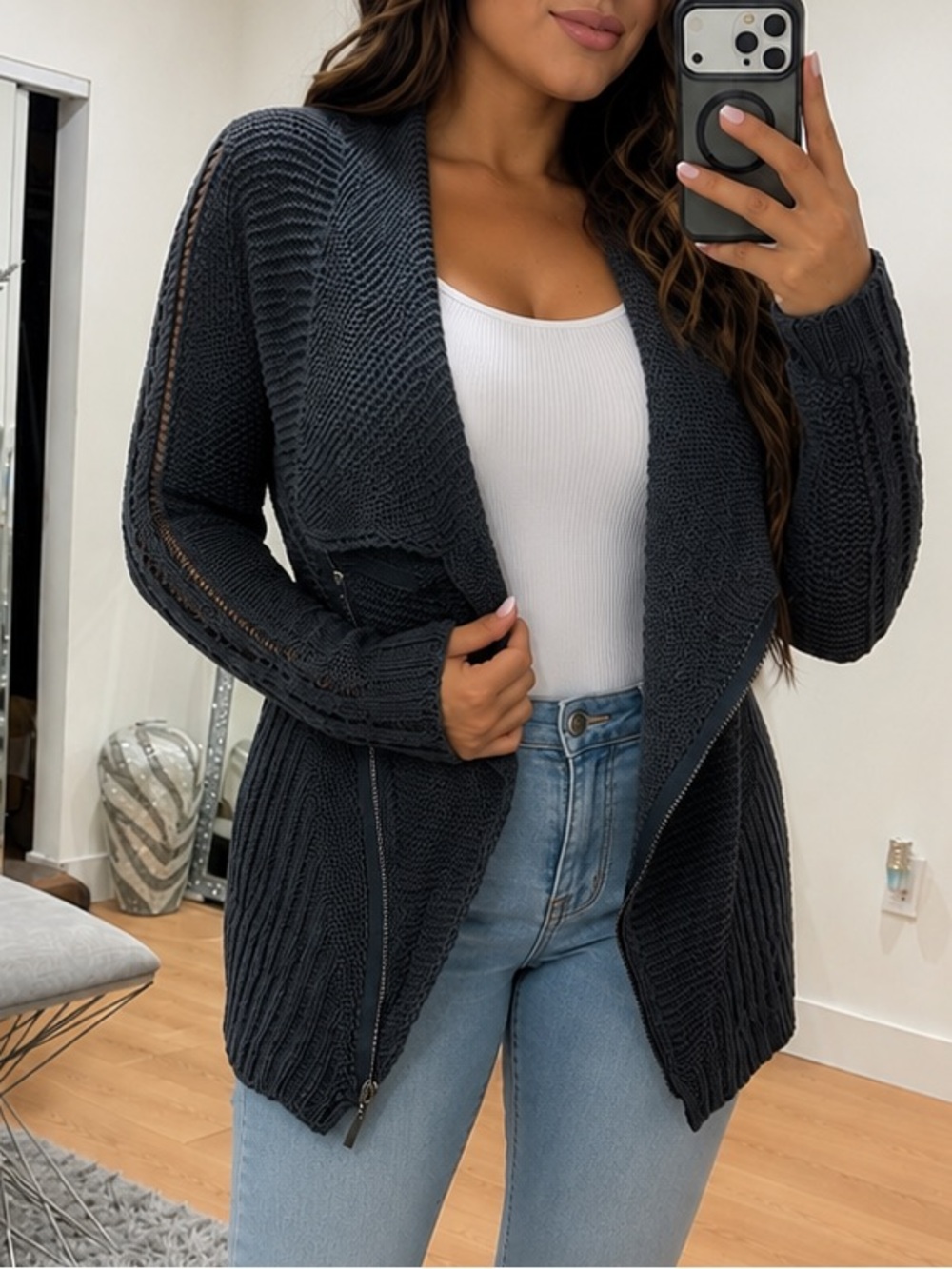 Rachel Roy Navy Open-Front Knit Cardigan Sweater